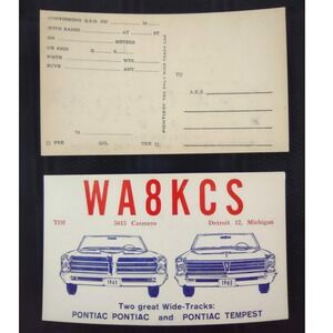 Vtg 1965 Pontiac Wide Track‎ Tempest QSL Ham Radio Card WA8KCS Detroit MI Unused